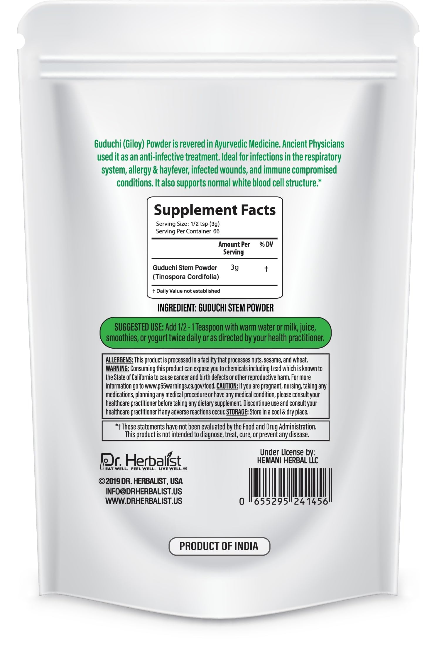 Dr. HERBALIST 100% natural immunity wellness powder container for daily detoxification.