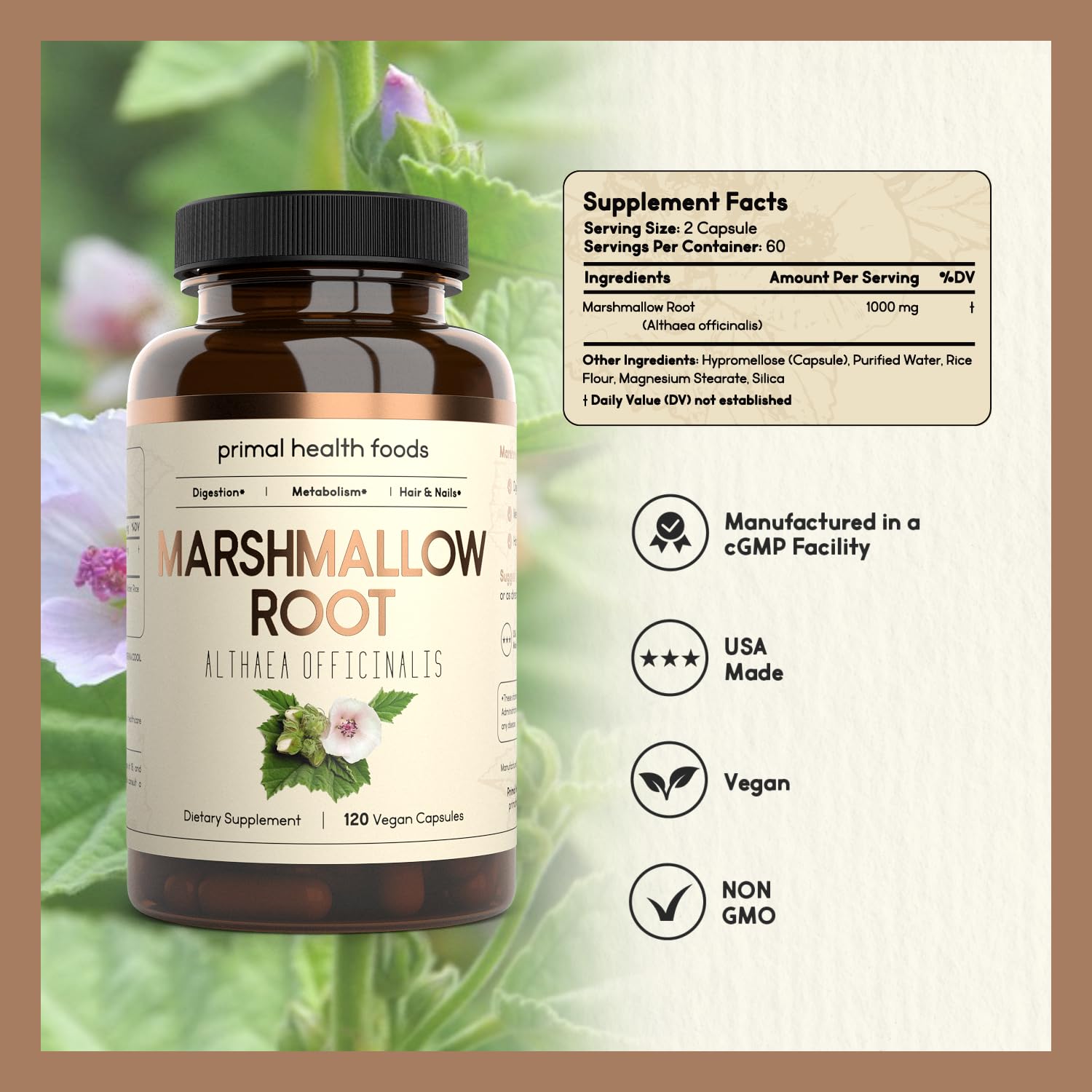 Organic Marshmallow Root 1000 mg supplement label details