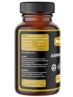 Puranicals Ashwagandha 800mg supplement facts panel detailing non-GMO clean ingredients.