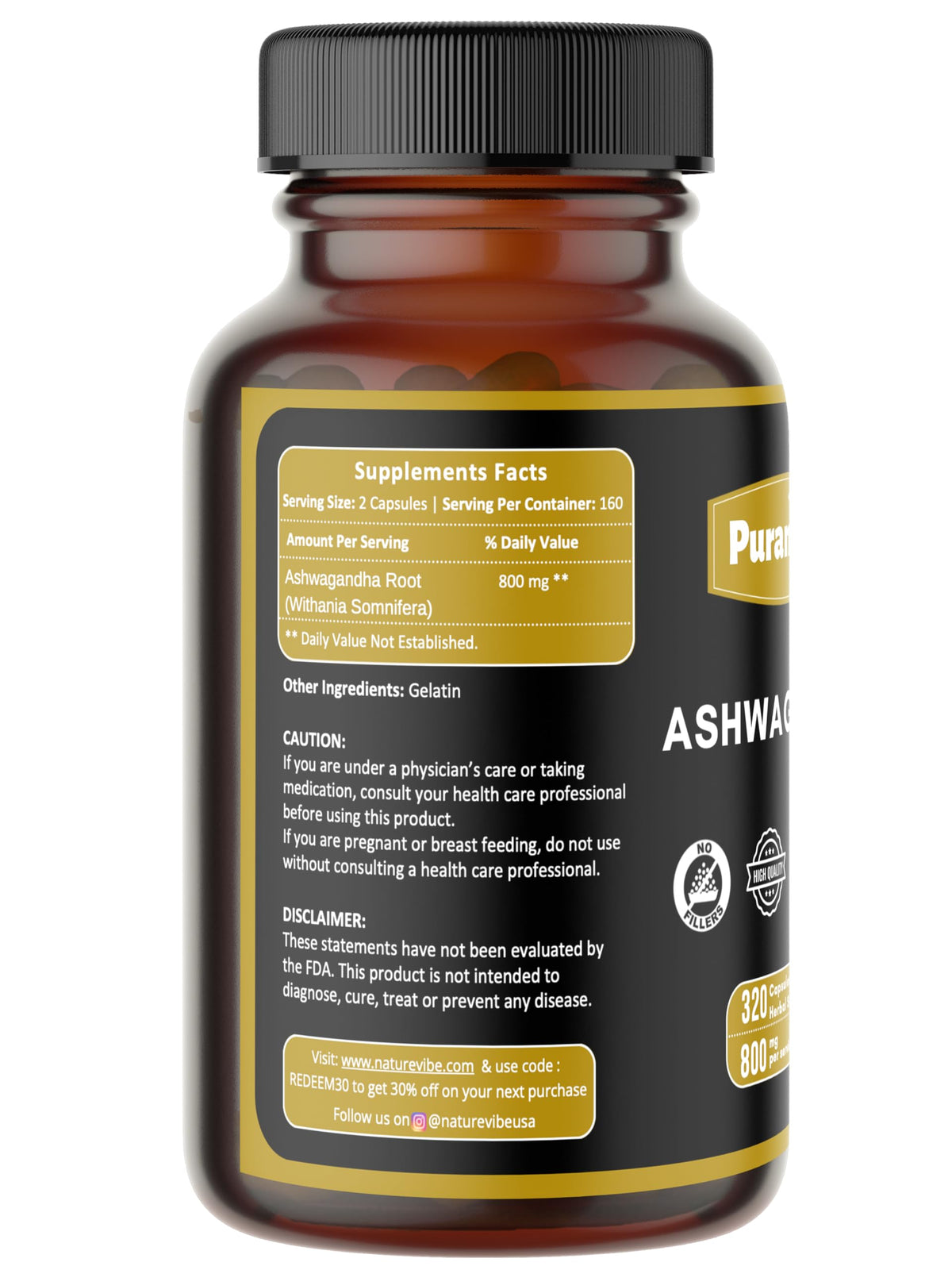Puranicals Ashwagandha 800mg supplement facts panel detailing non-GMO clean ingredients.
