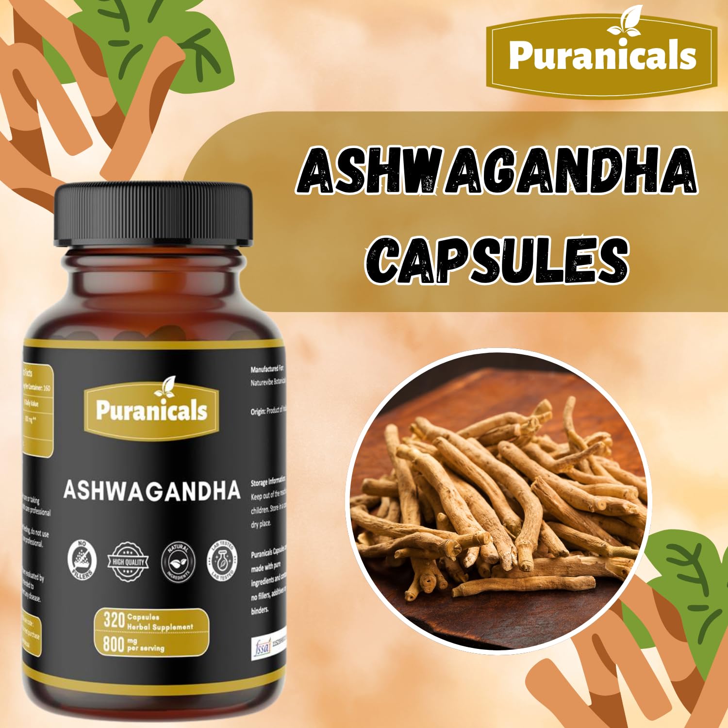 Puranicals Ashwagandha Premium root powder capsules displayed next to the product jar.