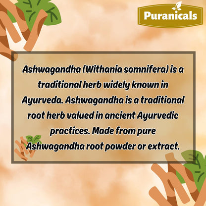 Side profile of Puranicals Ashwagandha 320 vegetable capsules showing manufacturing transparency.