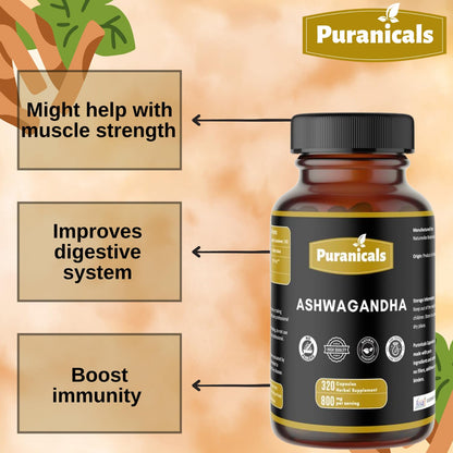Puranicals Ashwagandha Premium dietary supplement for stress relief lifestyle imagery.