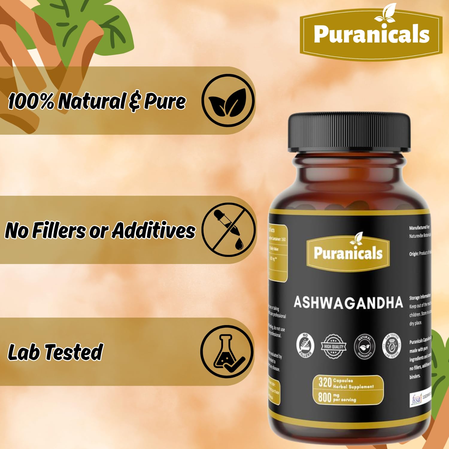 Secure safety seal on the cap of Puranicals Ashwagandha Premium imported bottle.