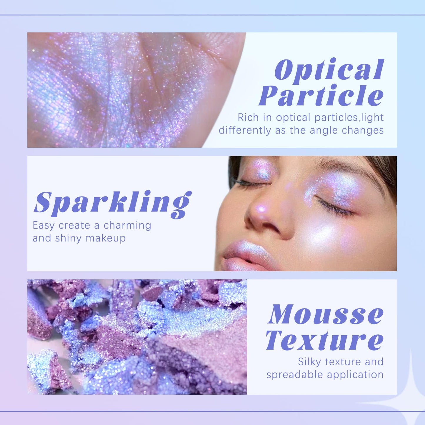 HOSAILY Purple Blue Multichrome Makeup Palette open display showcasing the sparkling diamond-like glitter texture.