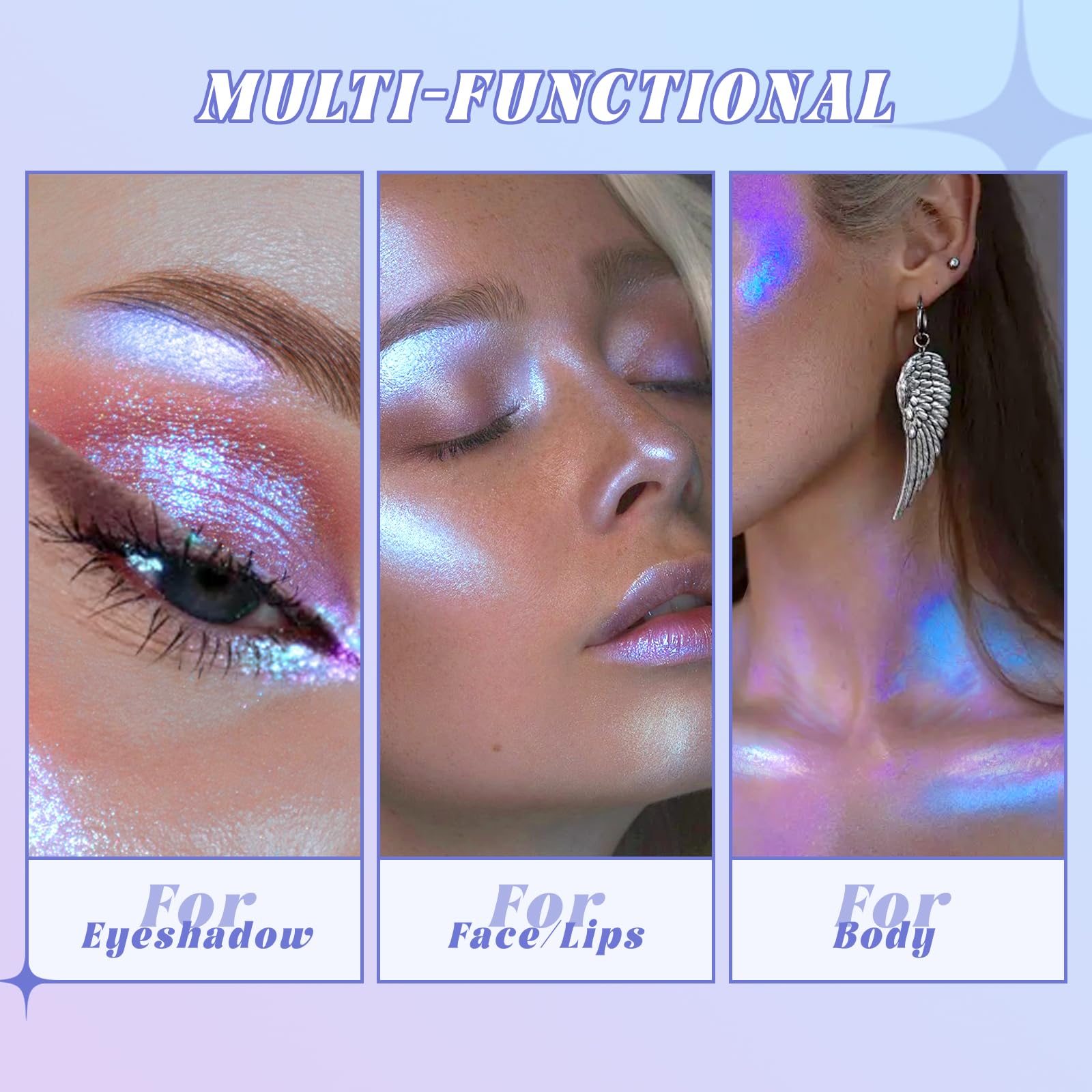 Swatches of the HOSAILY color shift glitter eyeshadow on different skin tones under direct lighting conditions.