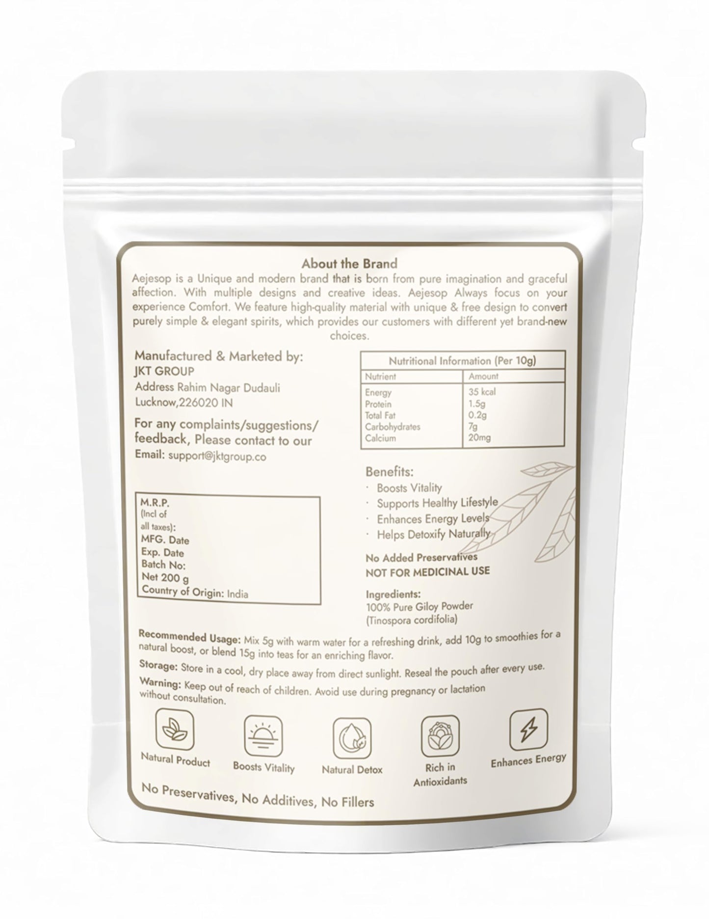 AEJESOP Tinospora Cordifolia herbal supplement showing detailed ingredient text and purity labels