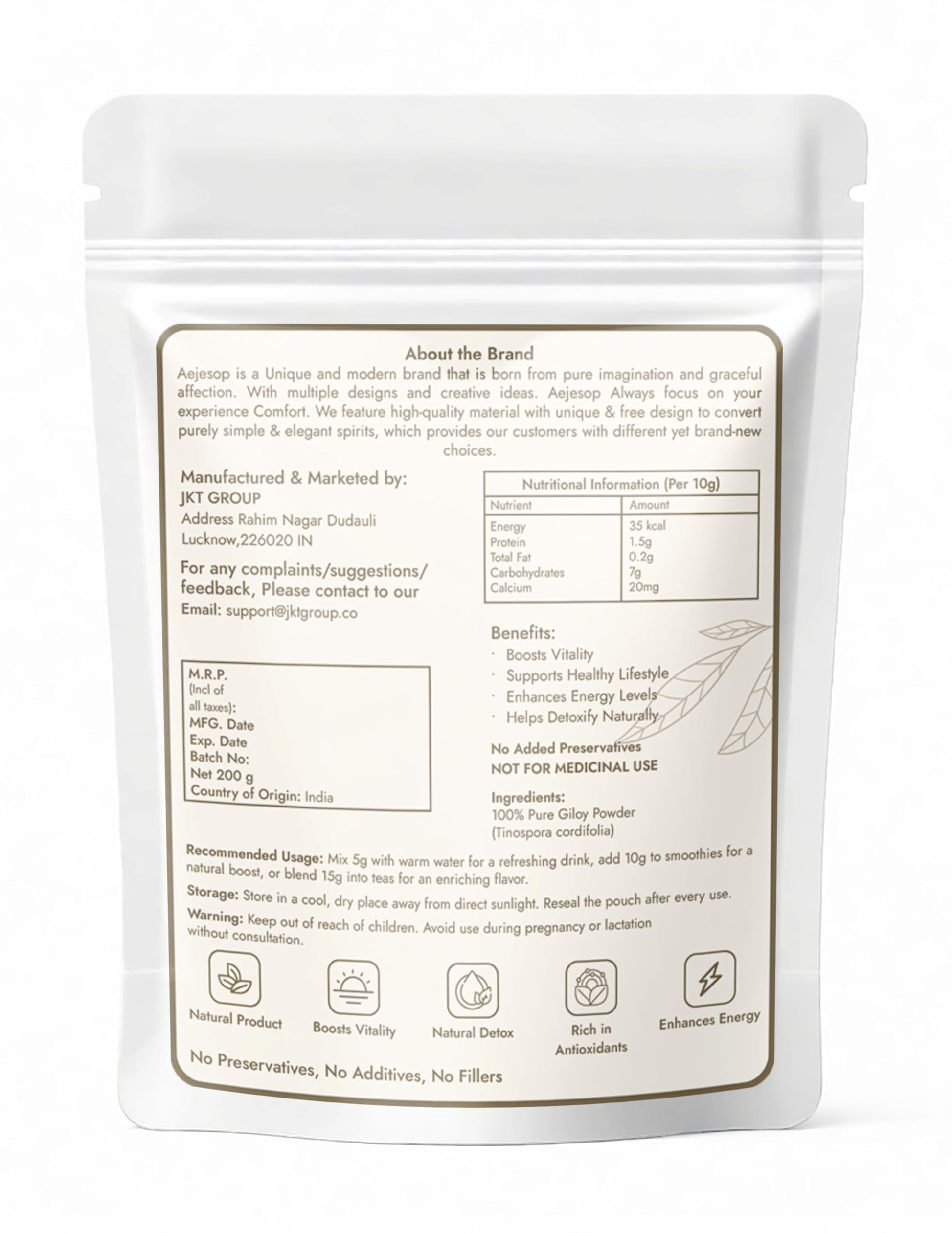 AEJESOP Tinospora Cordifolia herbal supplement showing detailed ingredient text and purity labels