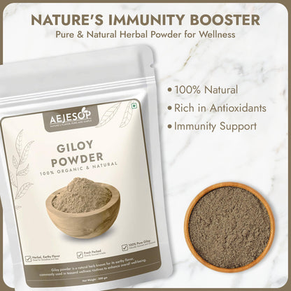Back label of AEJESOP Guduchi stem powder pouch highlighting wellness benefits and dietary information