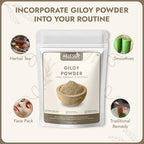 Finely ground AEJESOP Giloy herb powder scoop next to the premium imported packaging bag