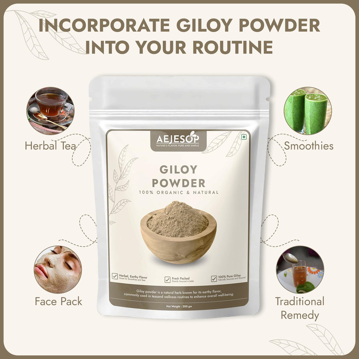 Finely ground AEJESOP Giloy herb powder scoop next to the premium imported packaging bag