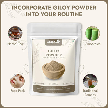 Finely ground AEJESOP Giloy herb powder scoop next to the premium imported packaging bag