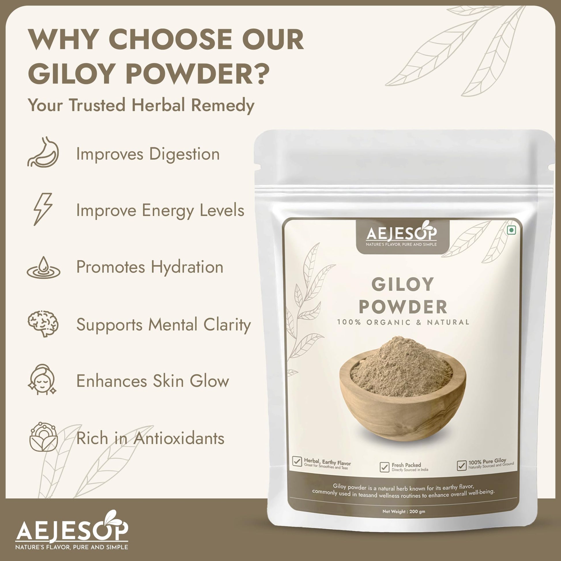 AEJESOP natural immunity booster powder pouch sitting upright on a clean wellness surface