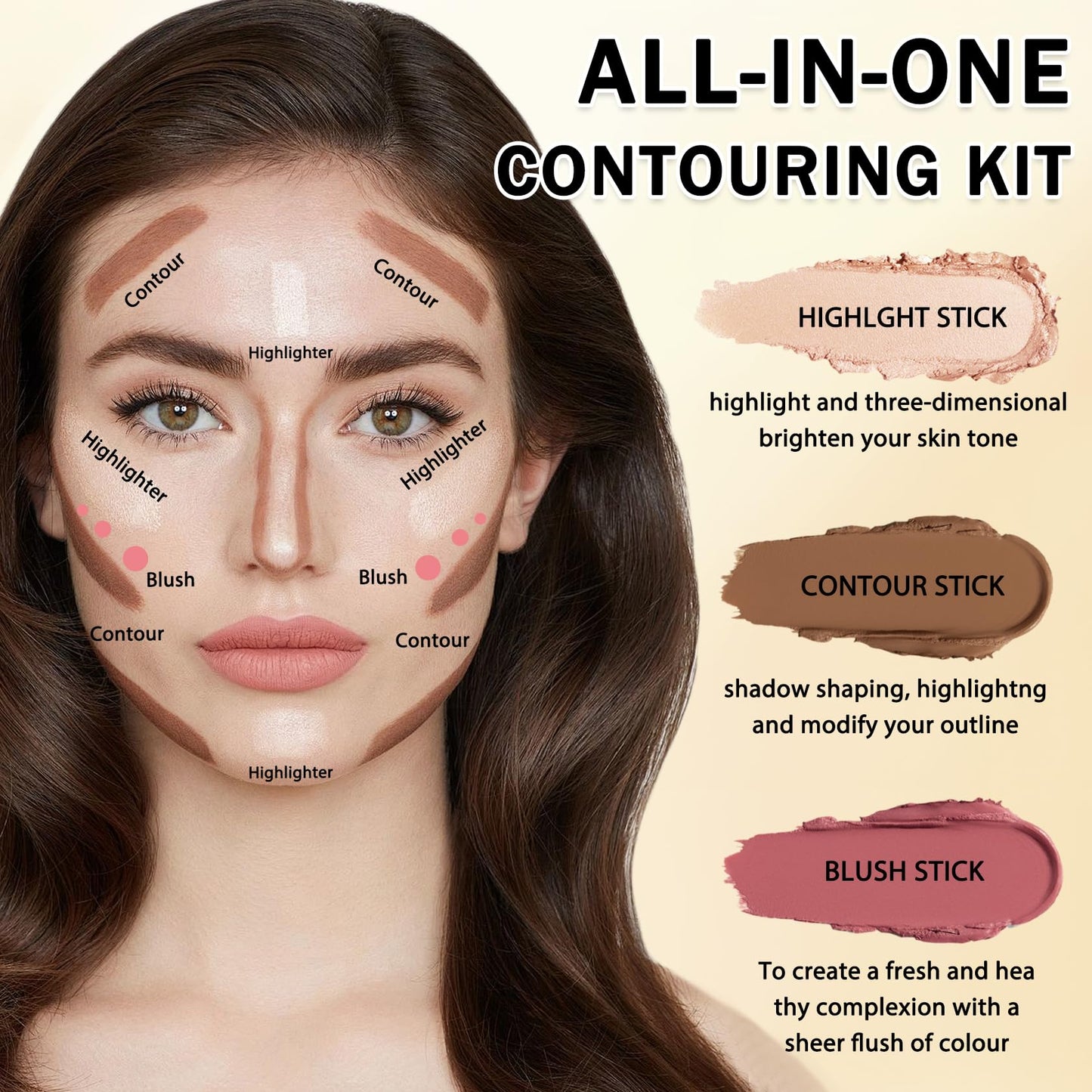 Six shades of IONSGAKO cream contour blush and highlighter kit swatched on different skin tones