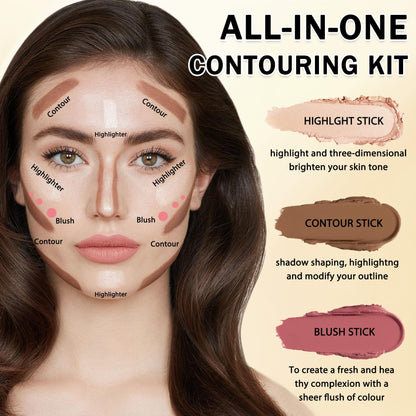 Six shades of IONSGAKO cream contour blush and highlighter kit swatched on different skin tones
