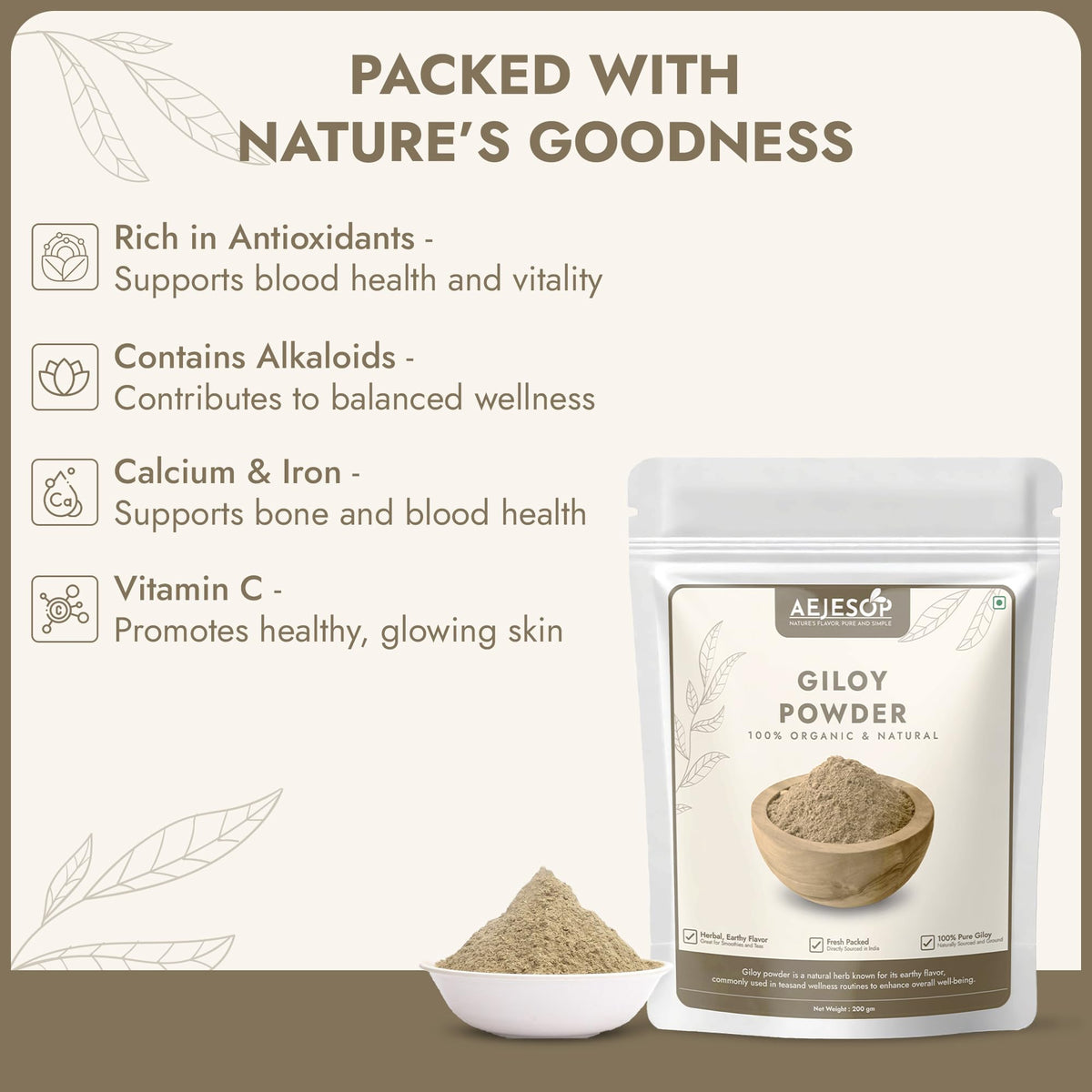 Close-up view of the secure seal and lifestyle branding on the AEJESOP Giloy 200 grams pouch
