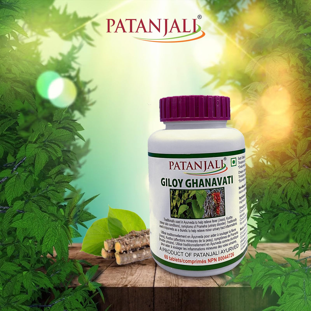 Patanjali Giloy Ghanvati brown round biconvex ayurvedic tablets outside the bottle