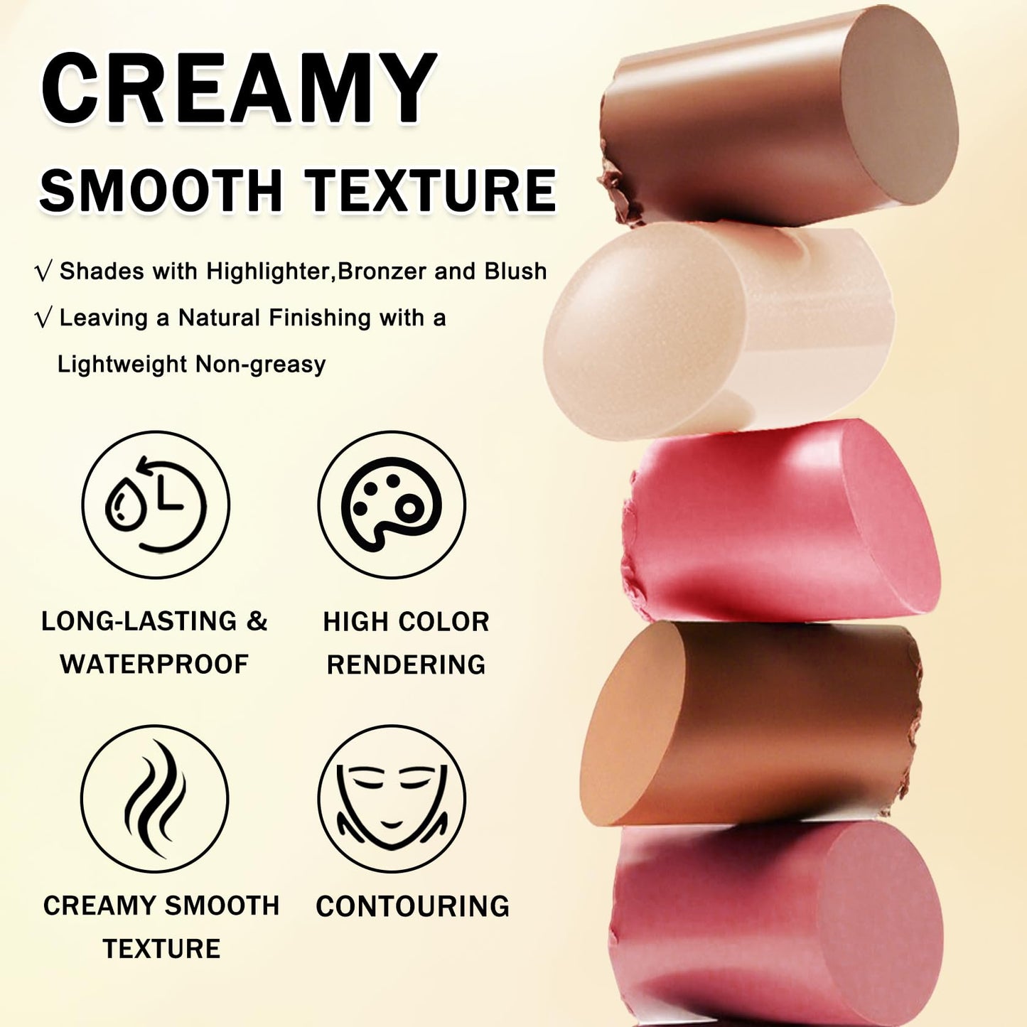 IONSGAKO Set A cream makeup sticks demonstrating matte and dewy finishes side by side