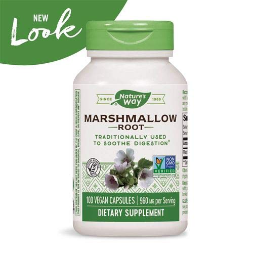 Nature's Way Marshmallow Root 480mg health capsules nutrition facts label close up