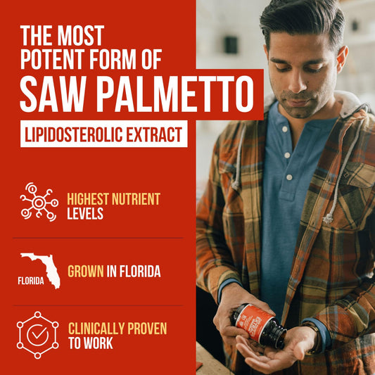 Triquetra Health 10X potency saw palmetto softgels label showing supplement facts and clean CO2 extraction details.