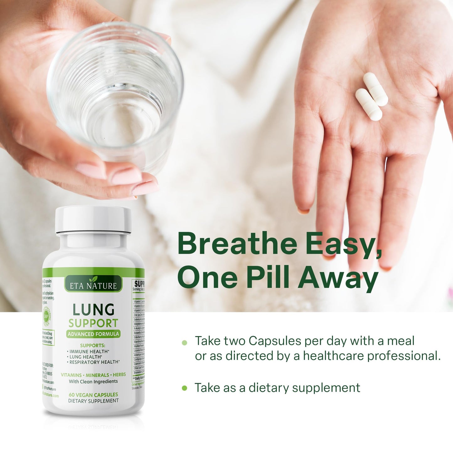 Close up of Etanature Lung Support vegan capsule bottle