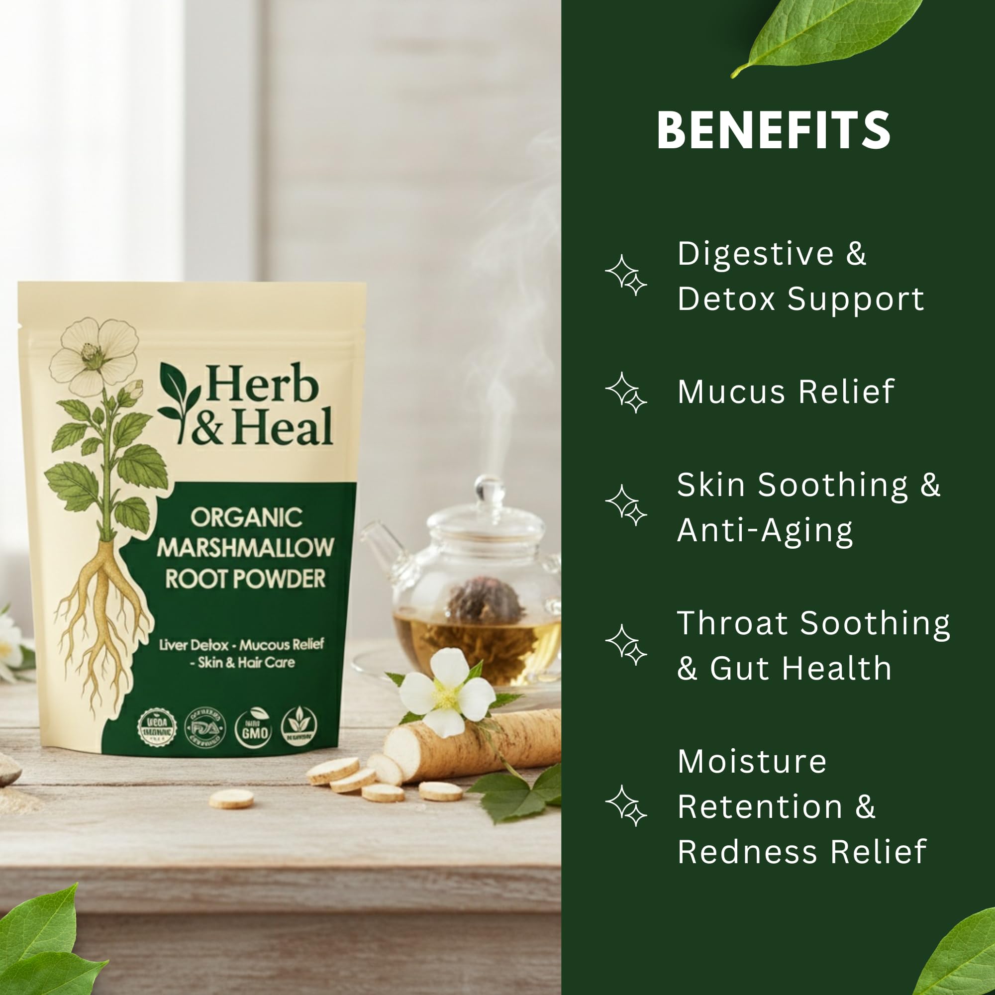 Herb and Heal Marshmallow Root Powder packaging back details