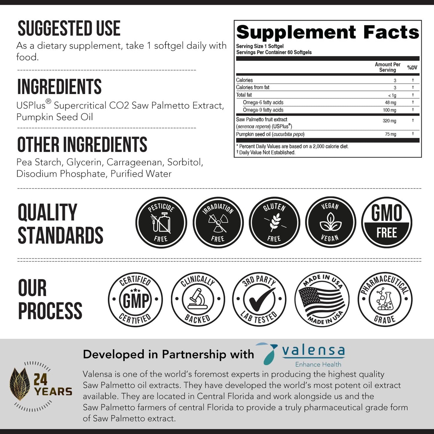 Premium imported Triquetra Health non GMO saw palmetto softgels standing on a clean e commerce background.