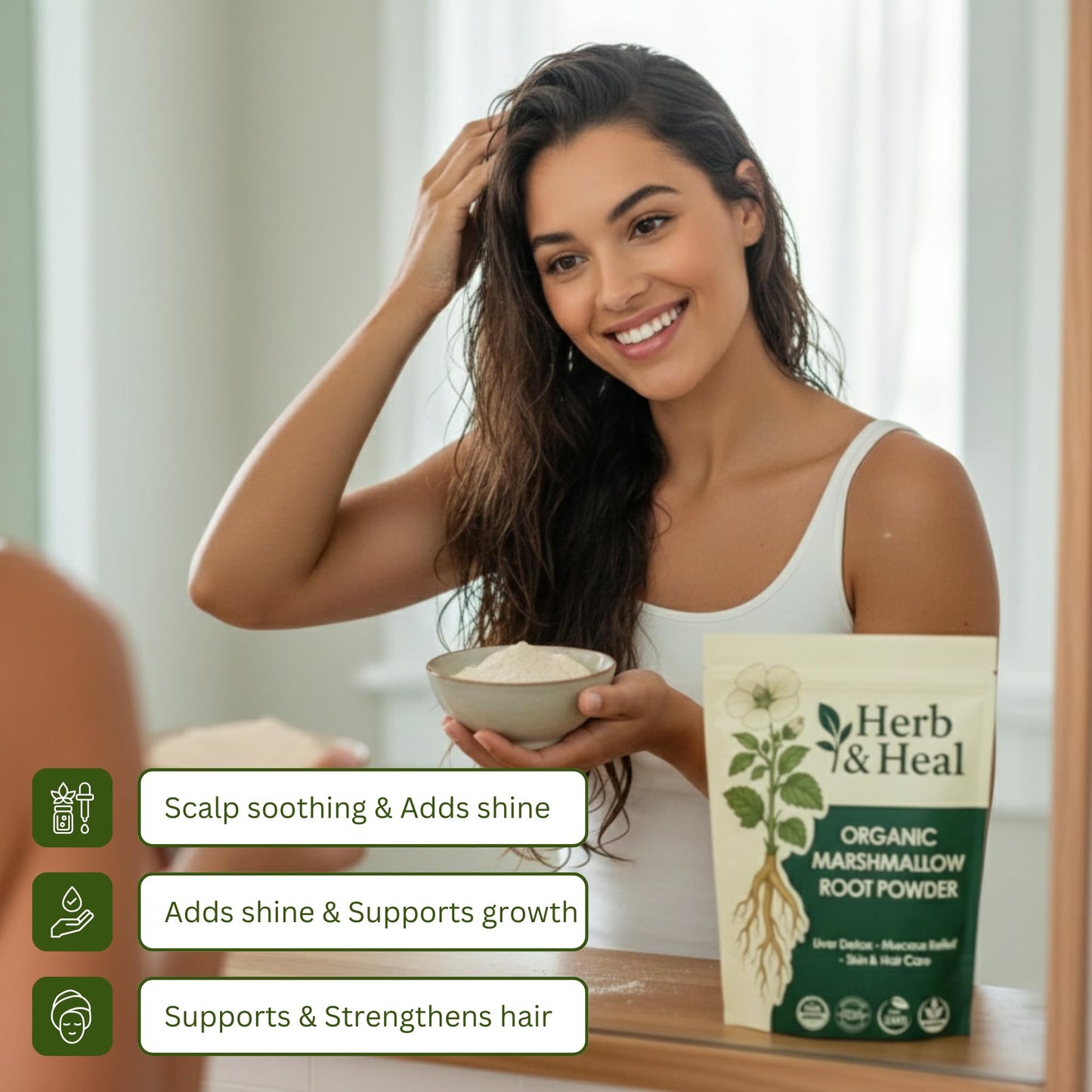 Marshmallow root powder mixed into a DIY hair mask paste