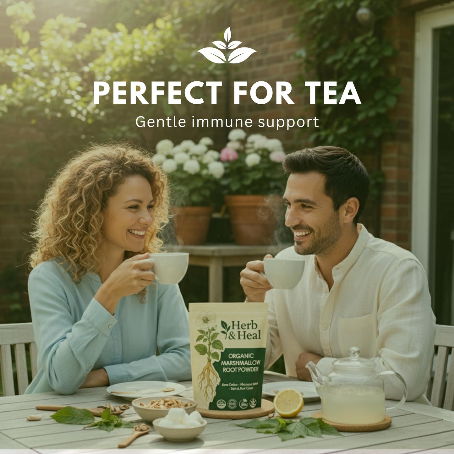Marshmallow root powder being used to prepare herbal tea