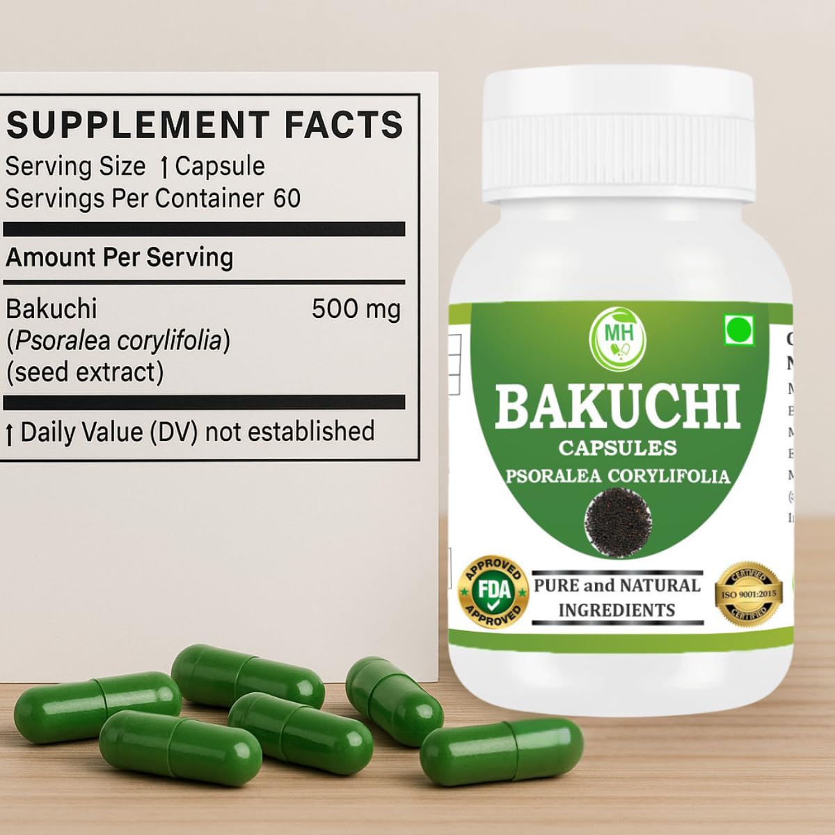 Close up view of the easy to swallow vegan capsules from the authentic Babchi extract multi pack.