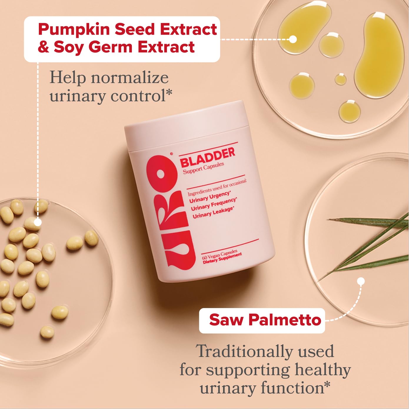 O Positiv URO vegan capsules spilled next to the bottle highlighting the premium dietary formula.