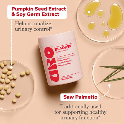 O Positiv URO vegan capsules spilled next to the bottle highlighting the premium dietary formula.