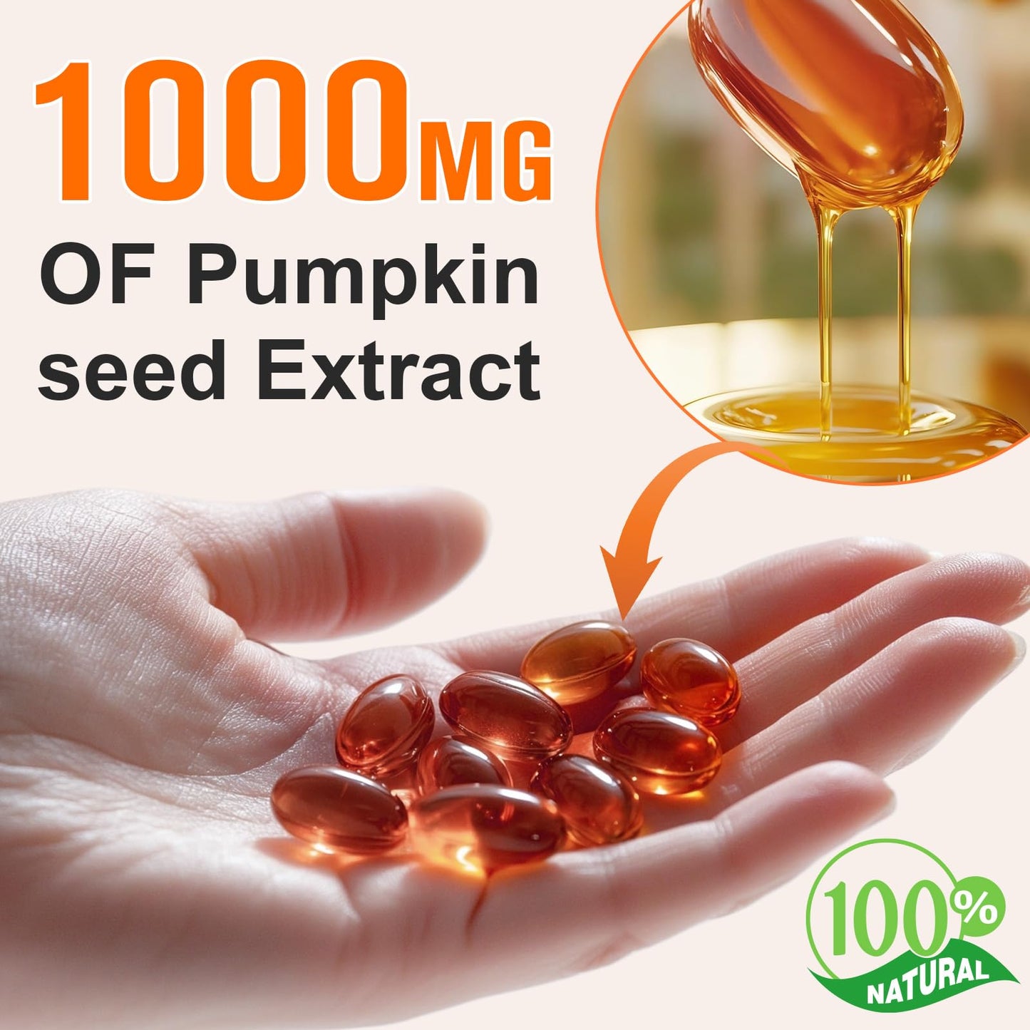 Flasture 2-in-1 formula cold-pressed pumpkin seed oil dietary supplement packaging highlighting 1000mg dosage.