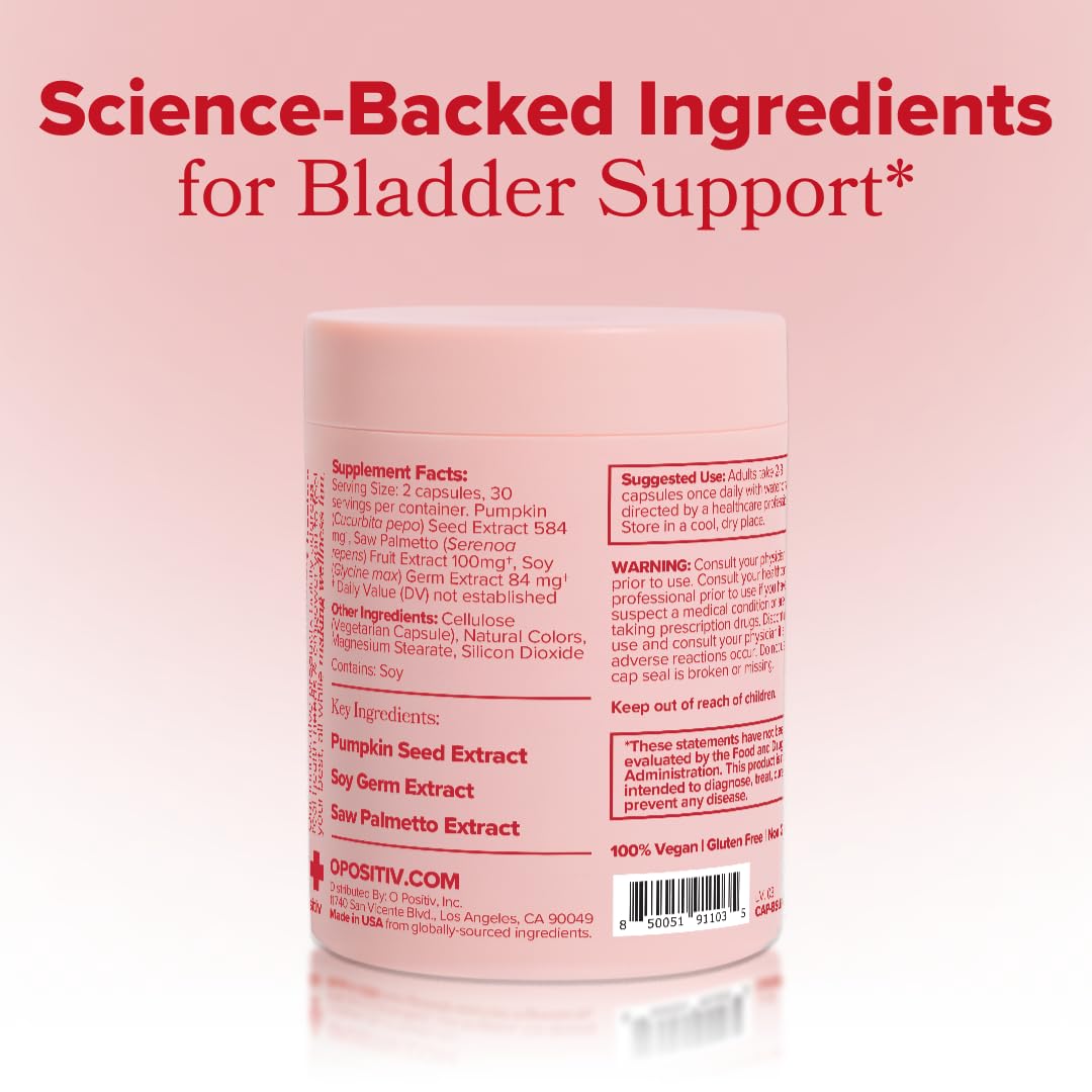 Top angle view of the authentic USA imported O Positiv URO Bladder Support supplement bottle.
