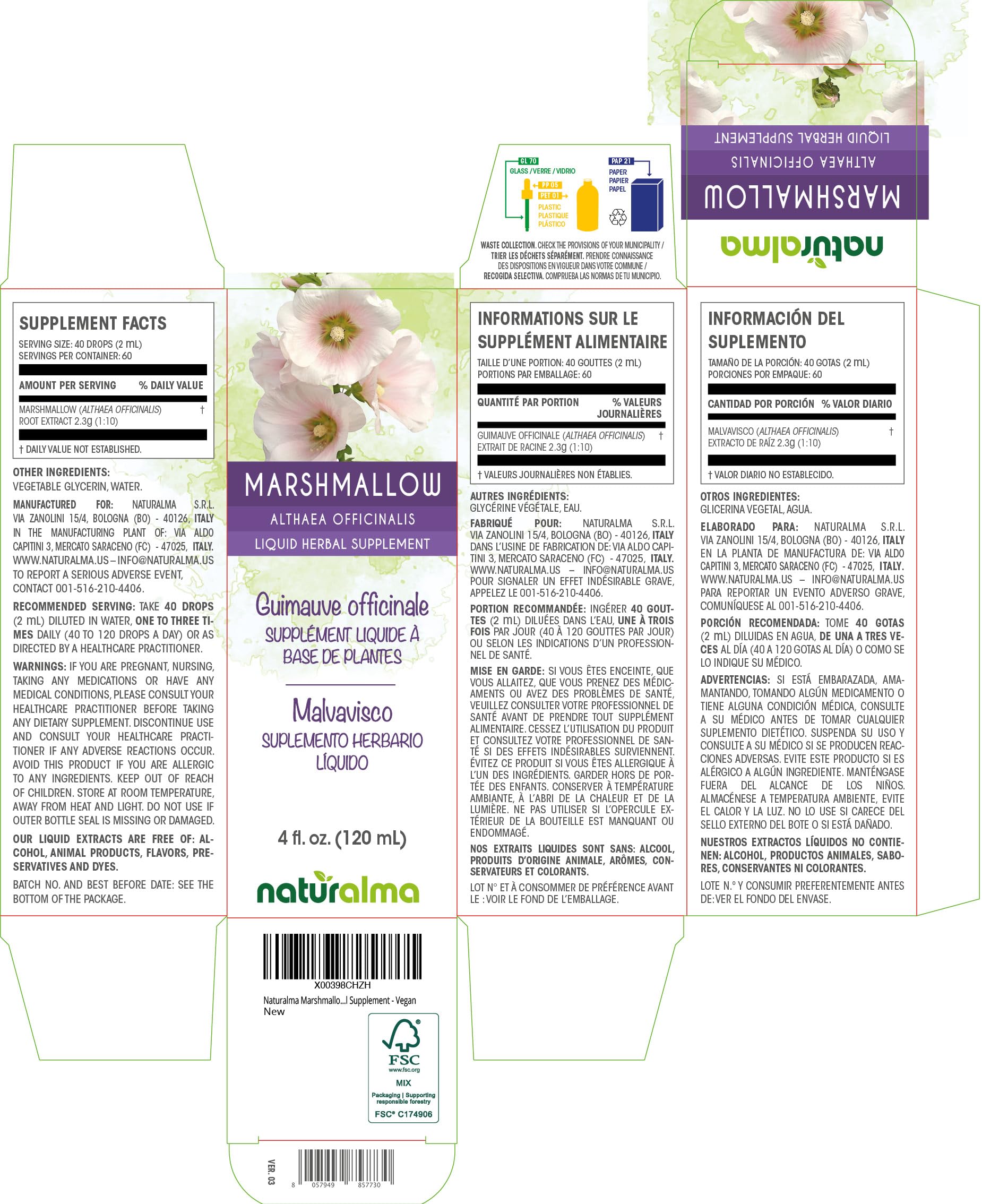 Naturalma Marshmallow Root liquid extract 4 fluid ounces bottle