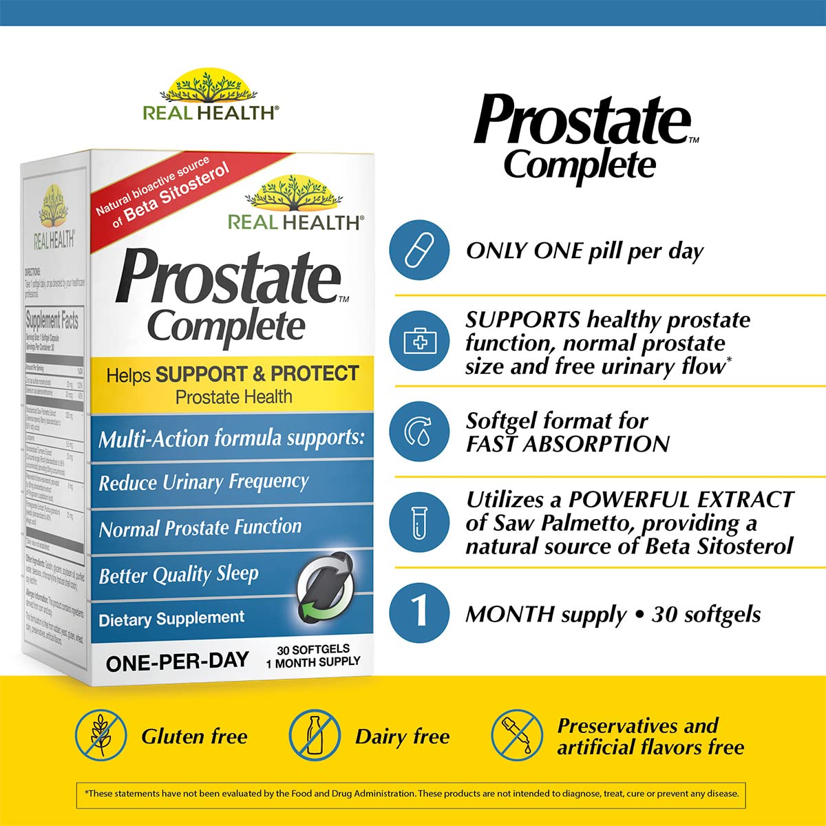 Real Health Prostate Complete supplement bottle showing saw palmetto and lycopene ingredients.
