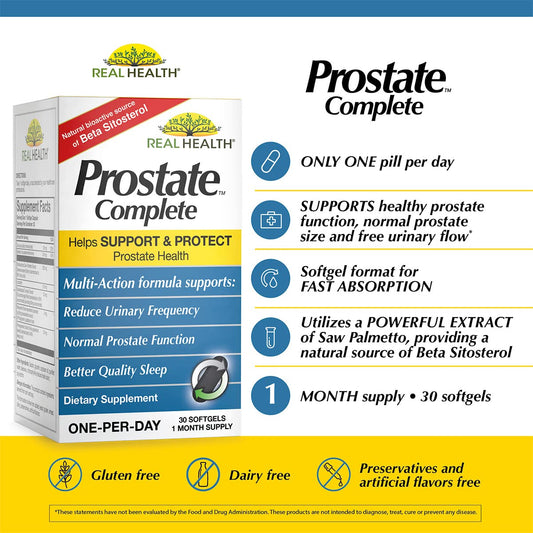 Real Health Prostate Complete supplement bottle showing saw palmetto and lycopene ingredients.