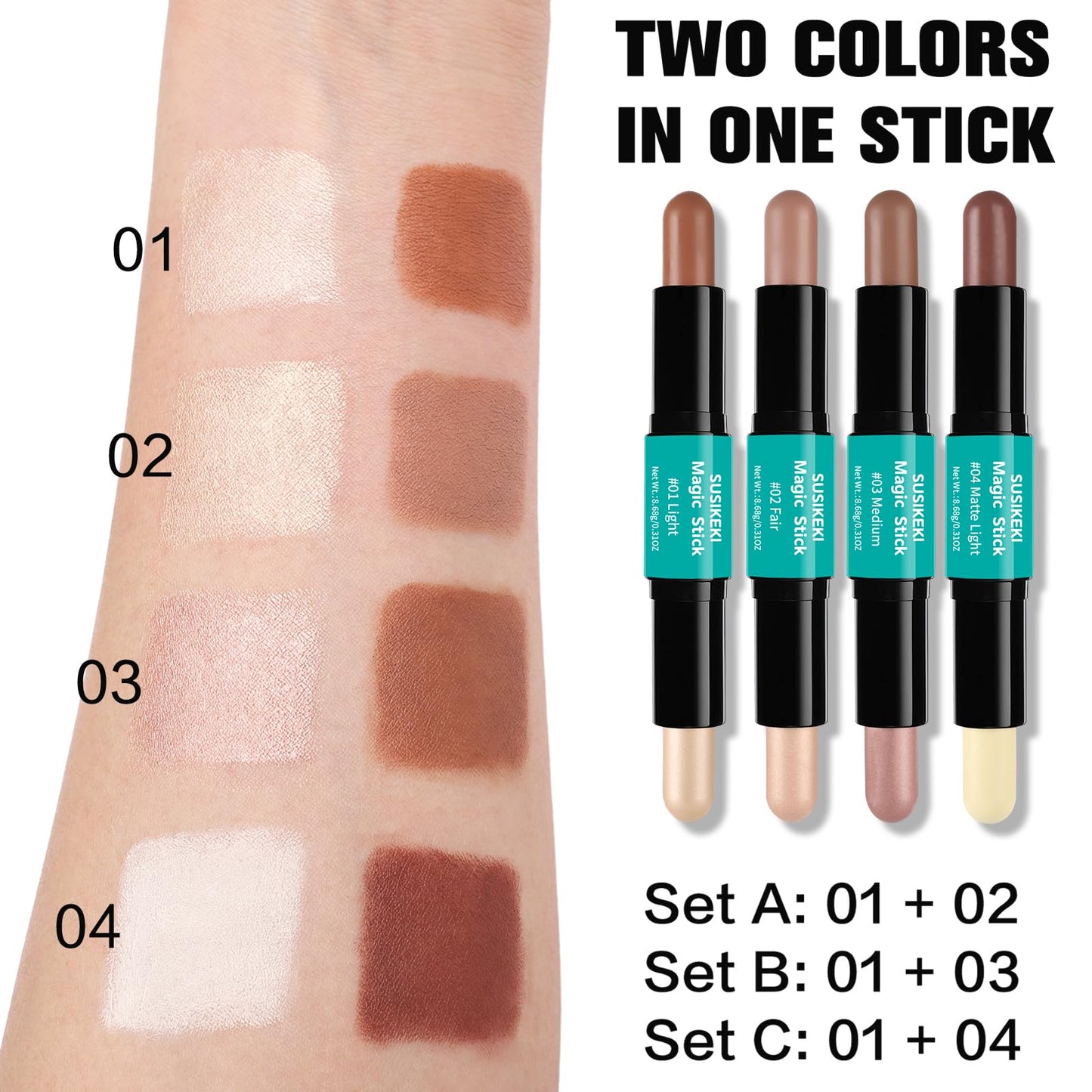 Close up of Susikeki face shaping makeup pens illustrating the cream contour side and the shimmery highlight side.