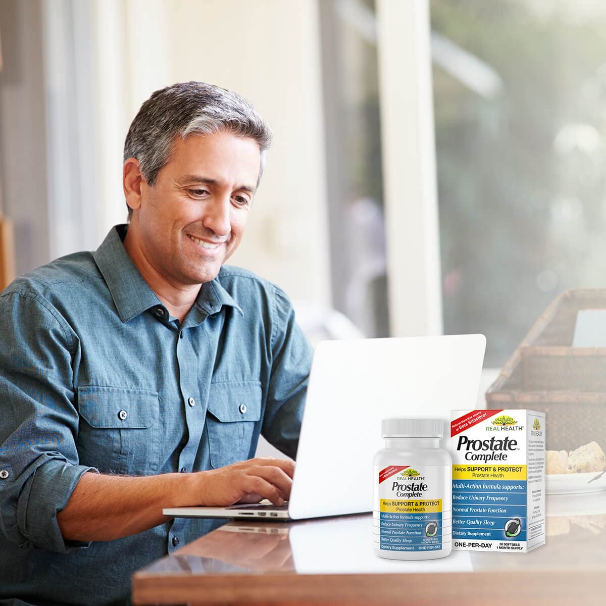 Real Health Prostate Complete supplement facts label with daily dosage instructions.