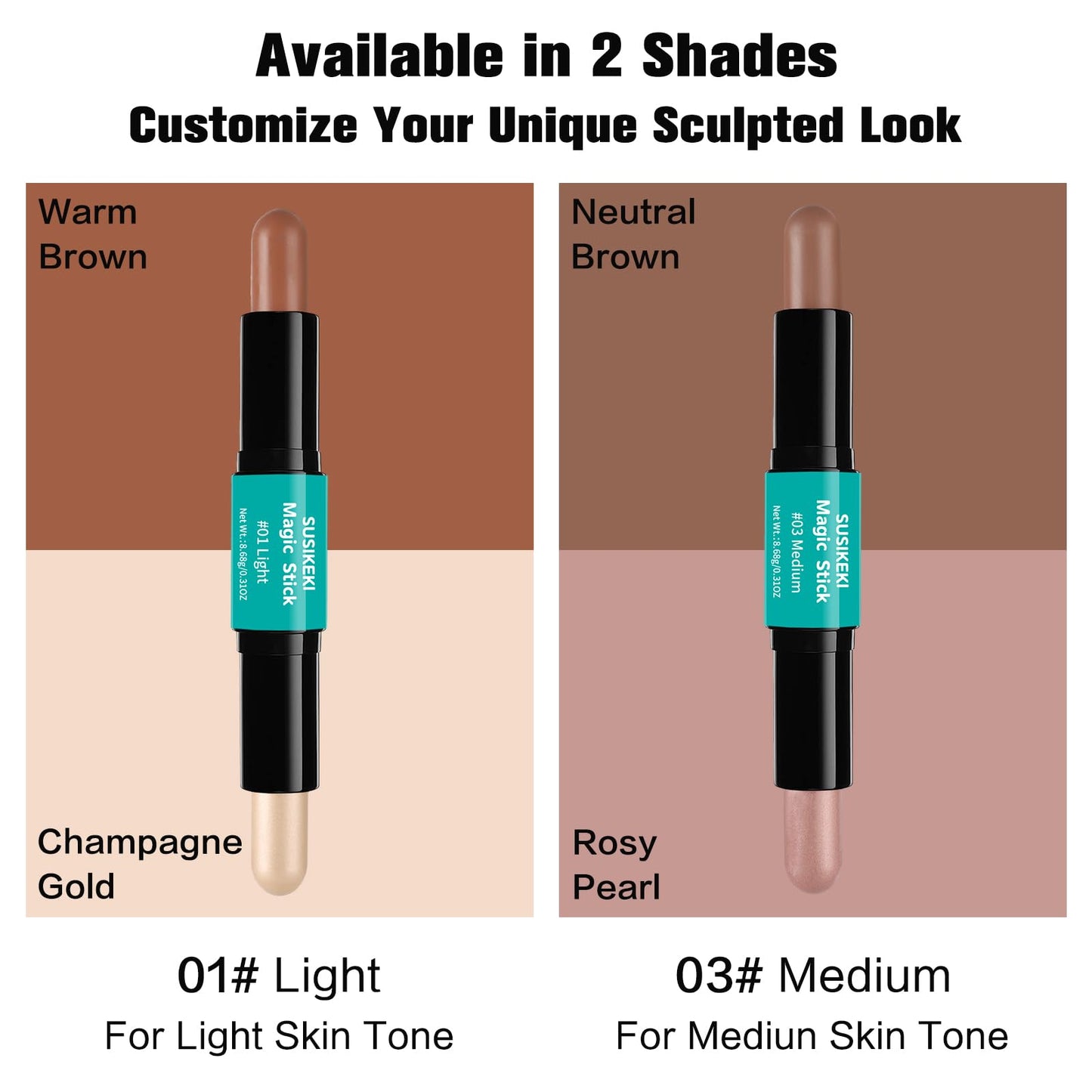 Susikeki contouring stick kit showing shades 01 and 03 uncapped for face sculpting.