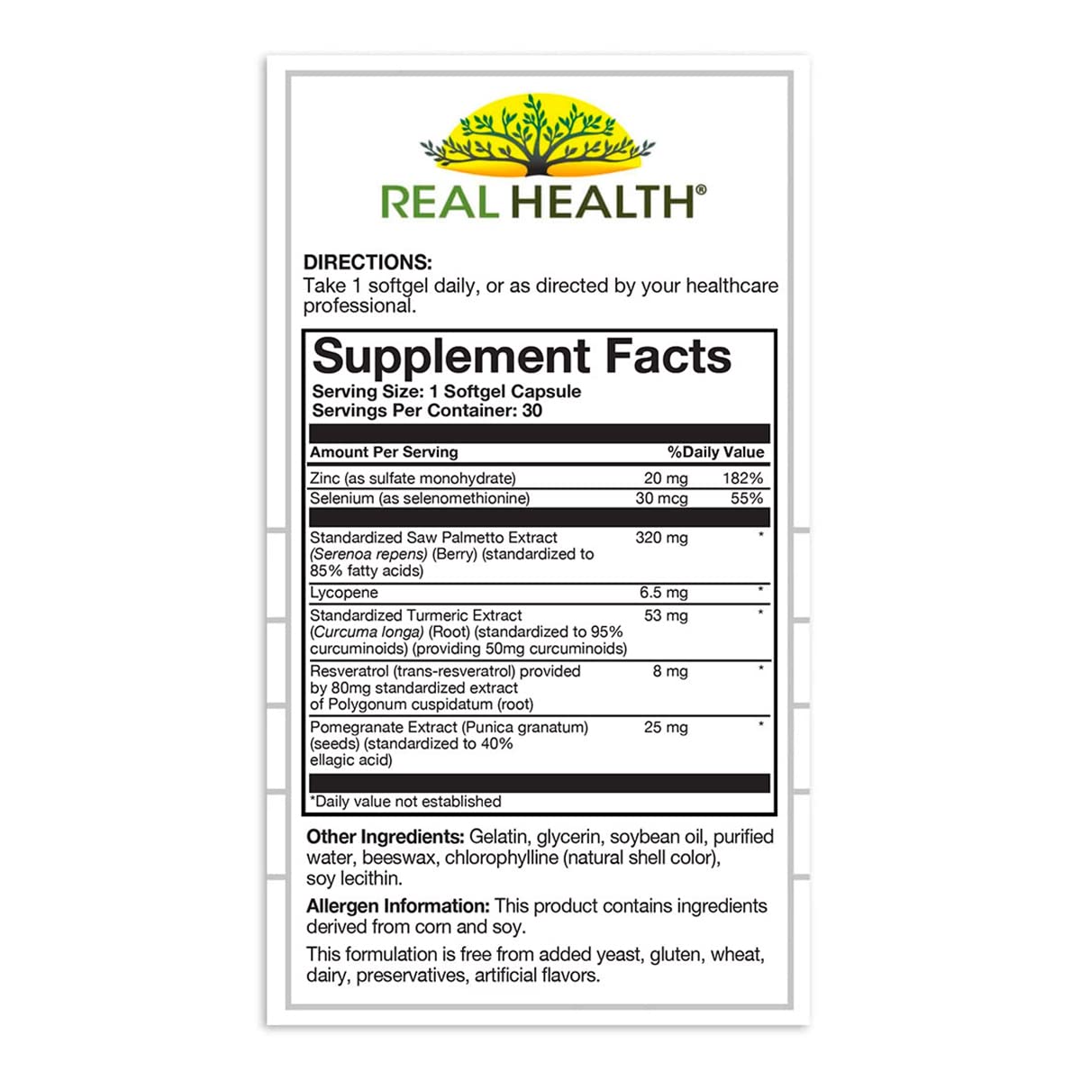 Real Health Prostate Complete one per day dietary supplement bottle for men.