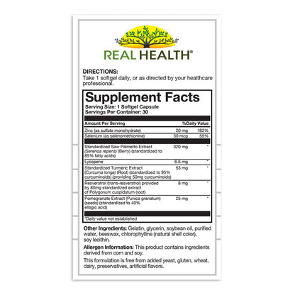 Real Health Prostate Complete one per day dietary supplement bottle for men.