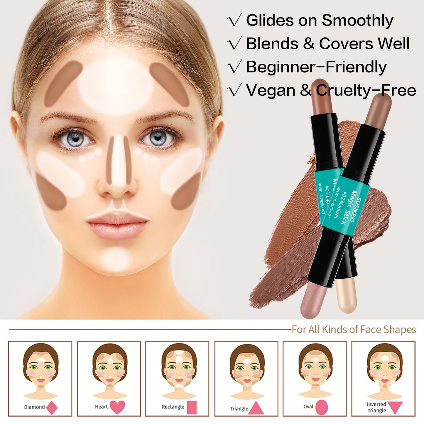 Waterproof cream bronzer sticks by Susikeki displayed on a clean beauty vanity background.