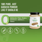 Vegan non GMO gluten free logos on Bixa Botanical Guduchi jar side