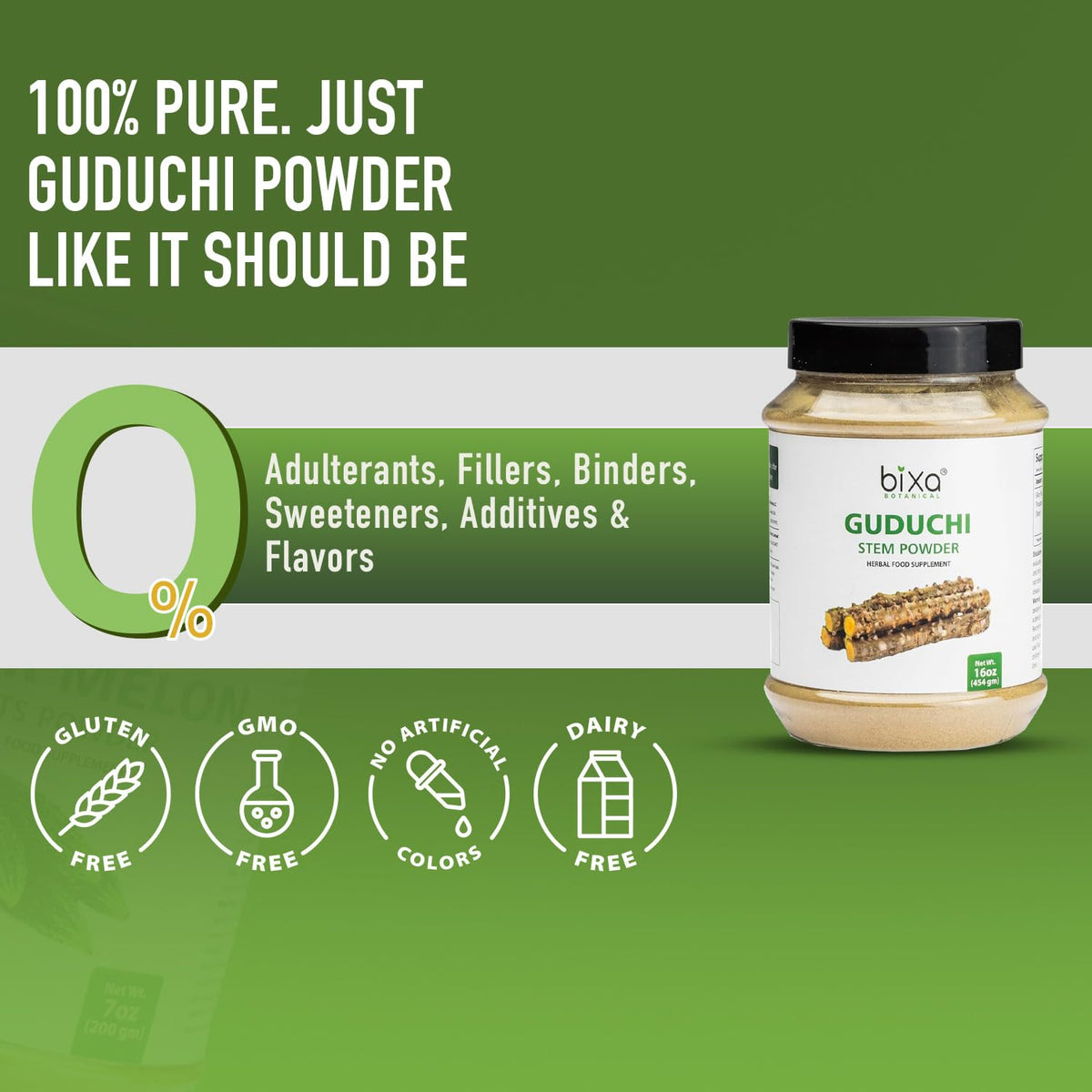 Vegan non GMO gluten free logos on Bixa Botanical Guduchi jar side