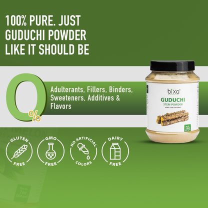 Vegan non GMO gluten free logos on Bixa Botanical Guduchi jar side