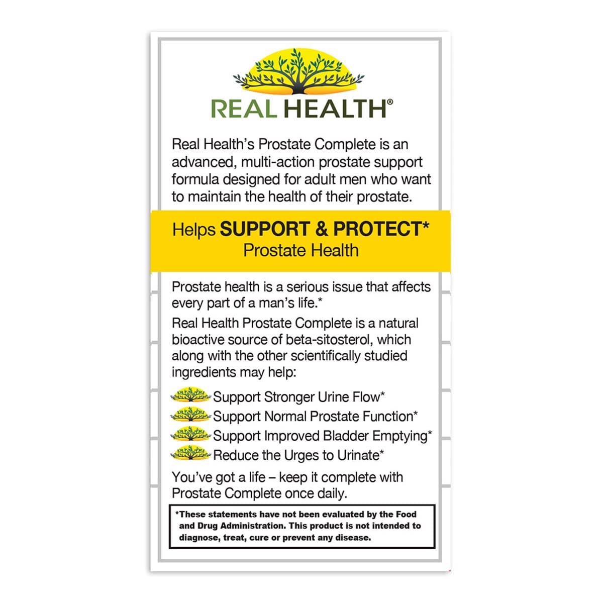 Real Health Prostate Complete close up of packaging highlighting gluten free features.