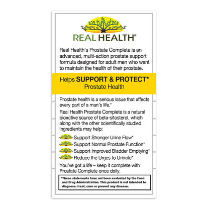 Real Health Prostate Complete close up of packaging highlighting gluten free features.