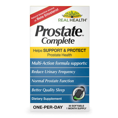 Real Health Prostate Complete dietary supplement container on a clean background.