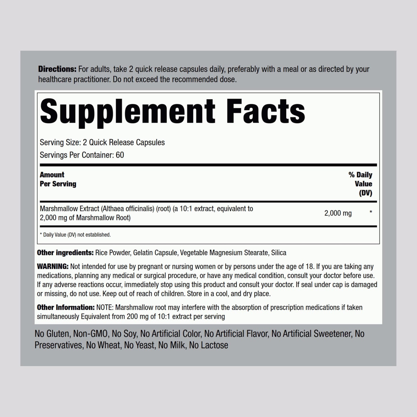 Piping Rock Marshmallow Root herbal supplement nutrition label